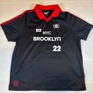 Brooklyn Cloth NYC 718 Soccer Jersey Black Red Mens Large Short Sleeve 22 Shirt